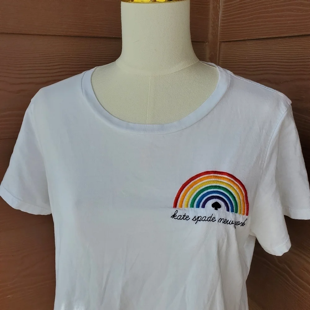 kate spade white rainbow embroidered women's short sleeve top size xl euc